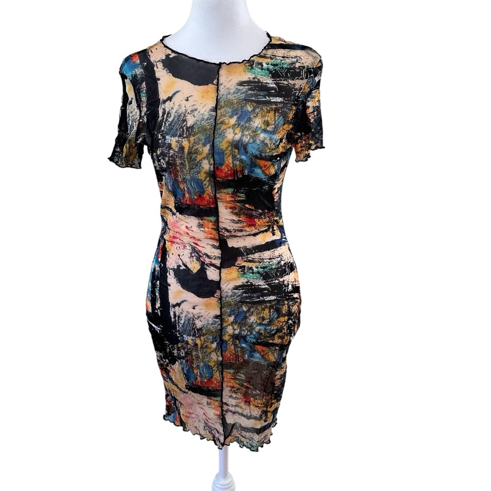 Blanc Sheer Short Sleeve Bodycon Multicolor Print Dress Size M NWOT - Picture 8 of 10